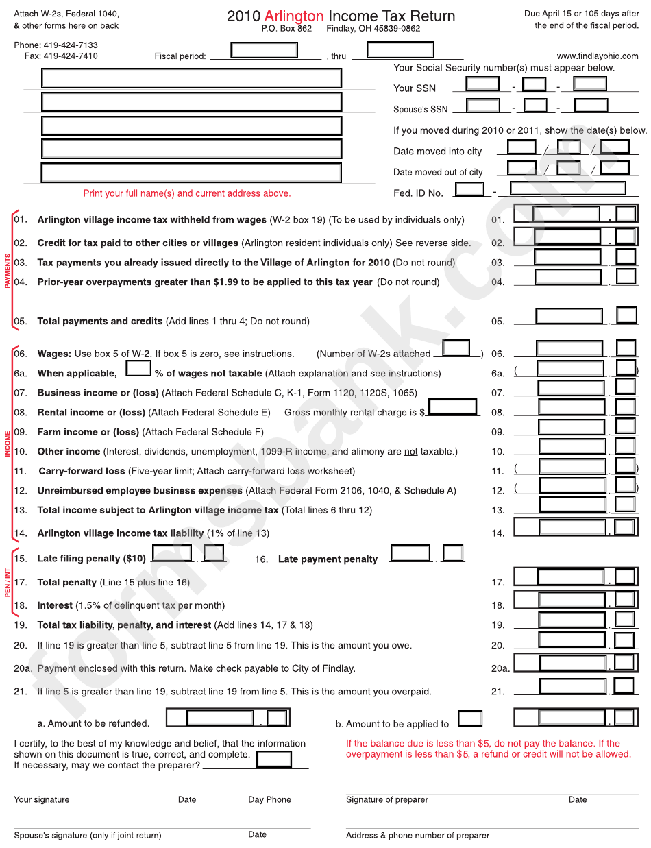 Arlington Income Tax Return Form - 2010