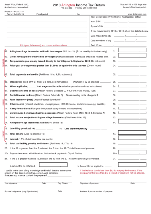 Fillable Arlington Income Tax Return Form - 2010 Printable pdf