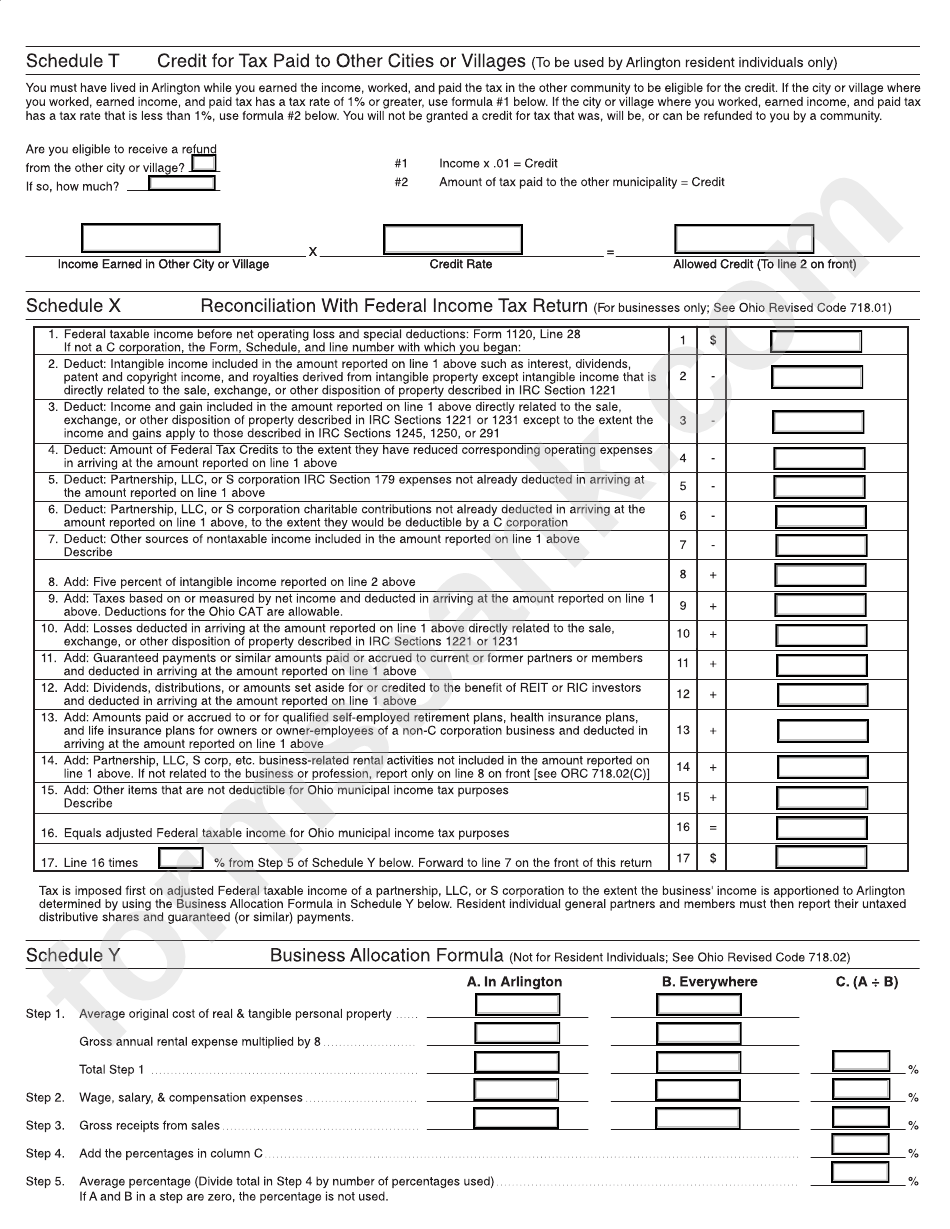 Arlington Income Tax Return Form - 2010