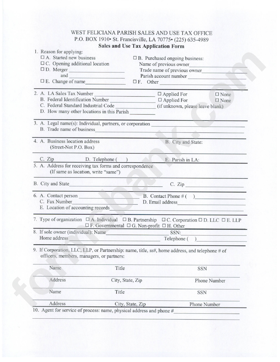 Sales / Use Tax Application Form - West Feliciana Parish