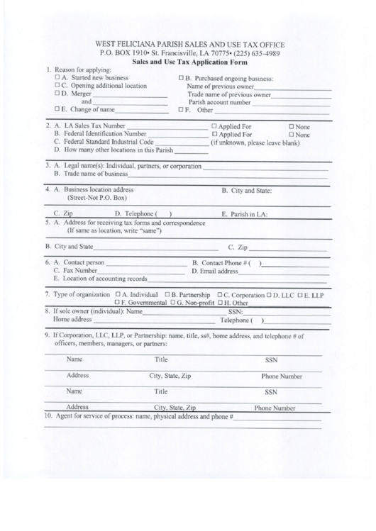 Sales / Use Tax Application Form - West Feliciana Parish Printable pdf