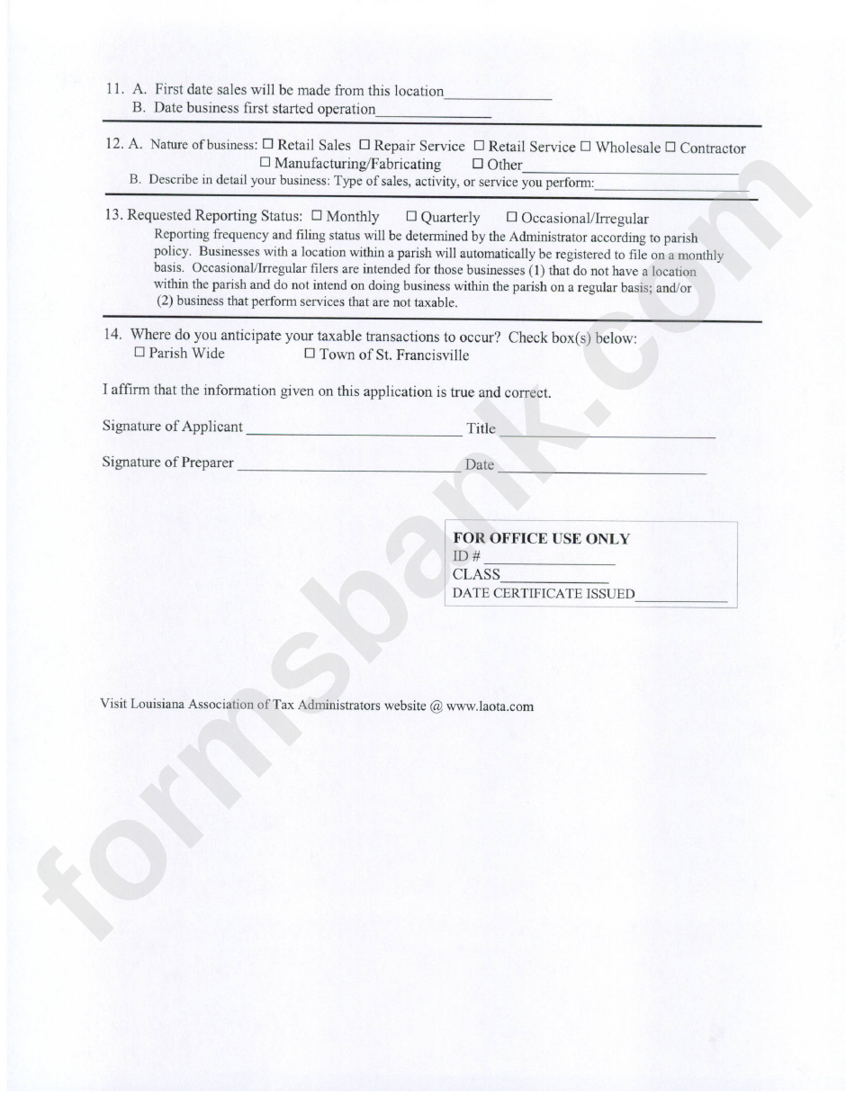 Sales / Use Tax Application Form - West Feliciana Parish