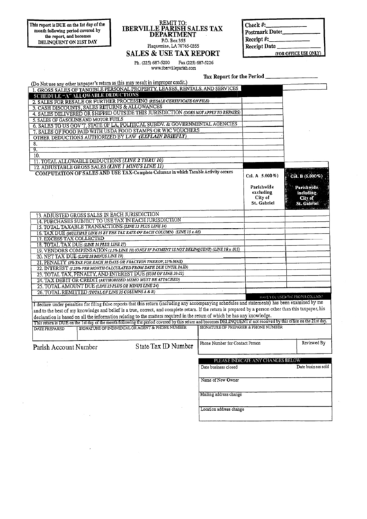 Sales & Use Tax Report - Iberville Parish Sales Tax Departiment Printable pdf