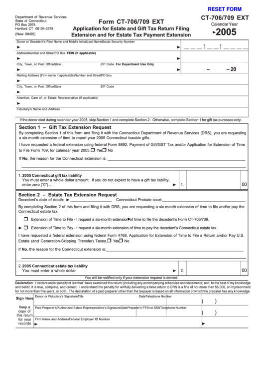 Fillable Form Ct 706/709 Ext - Application For Estate And Gift Tax Return Filing Extension And For Estate Tax Payment Extension - 2005 Printable pdf