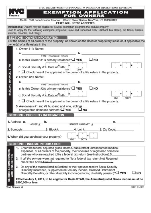 Form Ex-01 - Exemption Application For Owners - 2011 Printable pdf