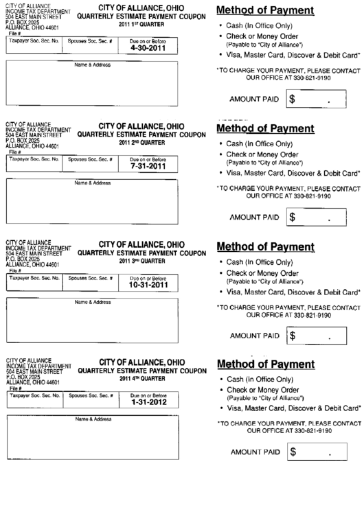 Quarterly Estimate Payment Coupon - City Of Alliance - 2011 Printable pdf