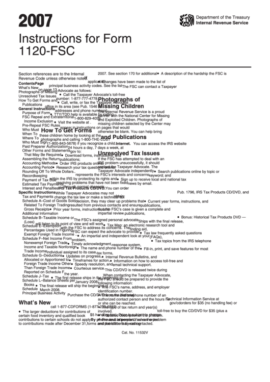 Instructions For Form 1120-Fsc - 2007 Printable pdf