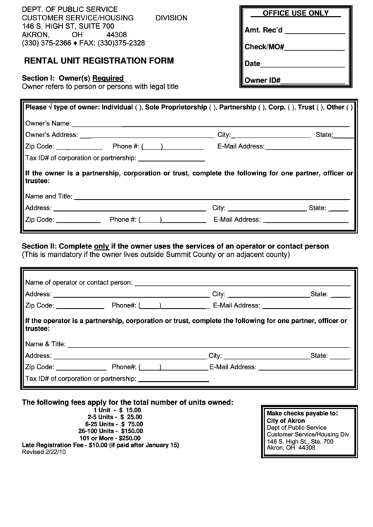 Rental Unit Registration Form - City Of Akron Department Of Public Service - 2010 Printable pdf