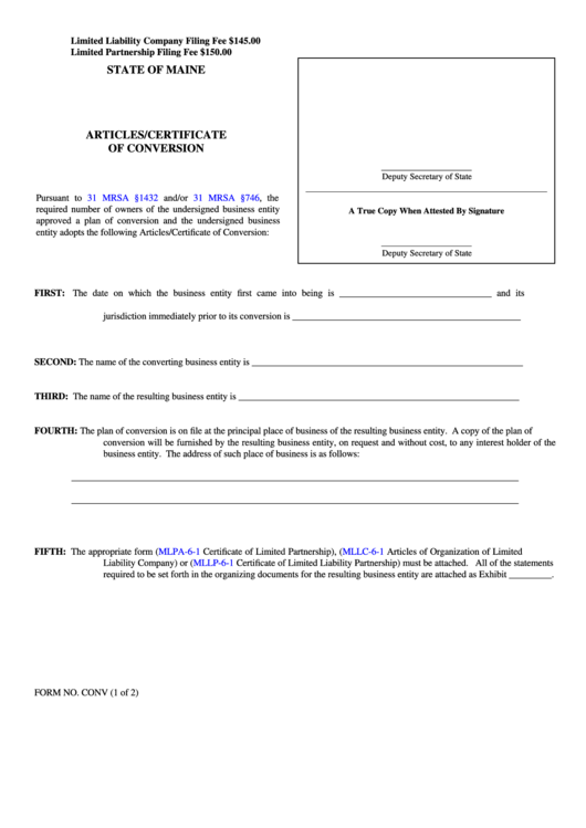 Fillable Form Conv - Articles/certificate Of Conversion Printable pdf