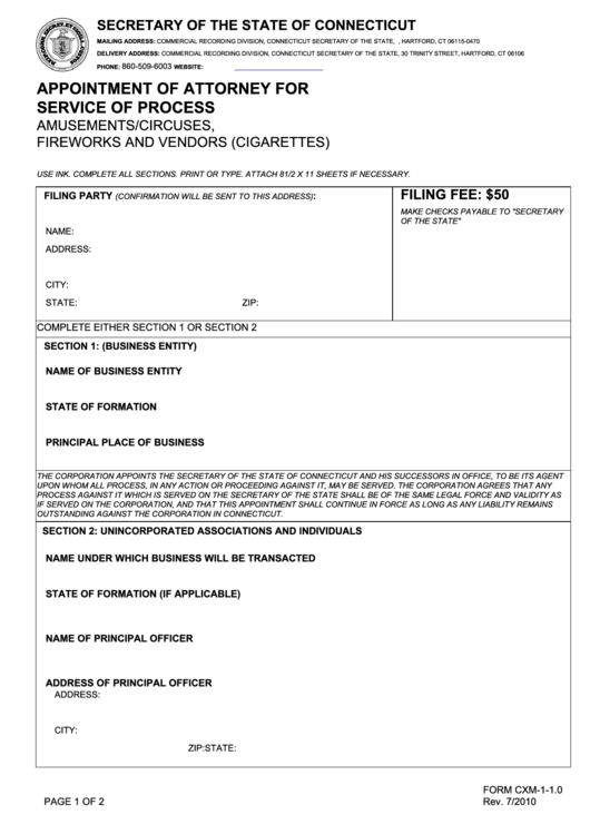 Fillable Form Cxm-1-1.0 - Appointment Of Attorney For Service Of Process Amusements/circuses, Fireworks And Vendors (Cigarettes) Printable pdf