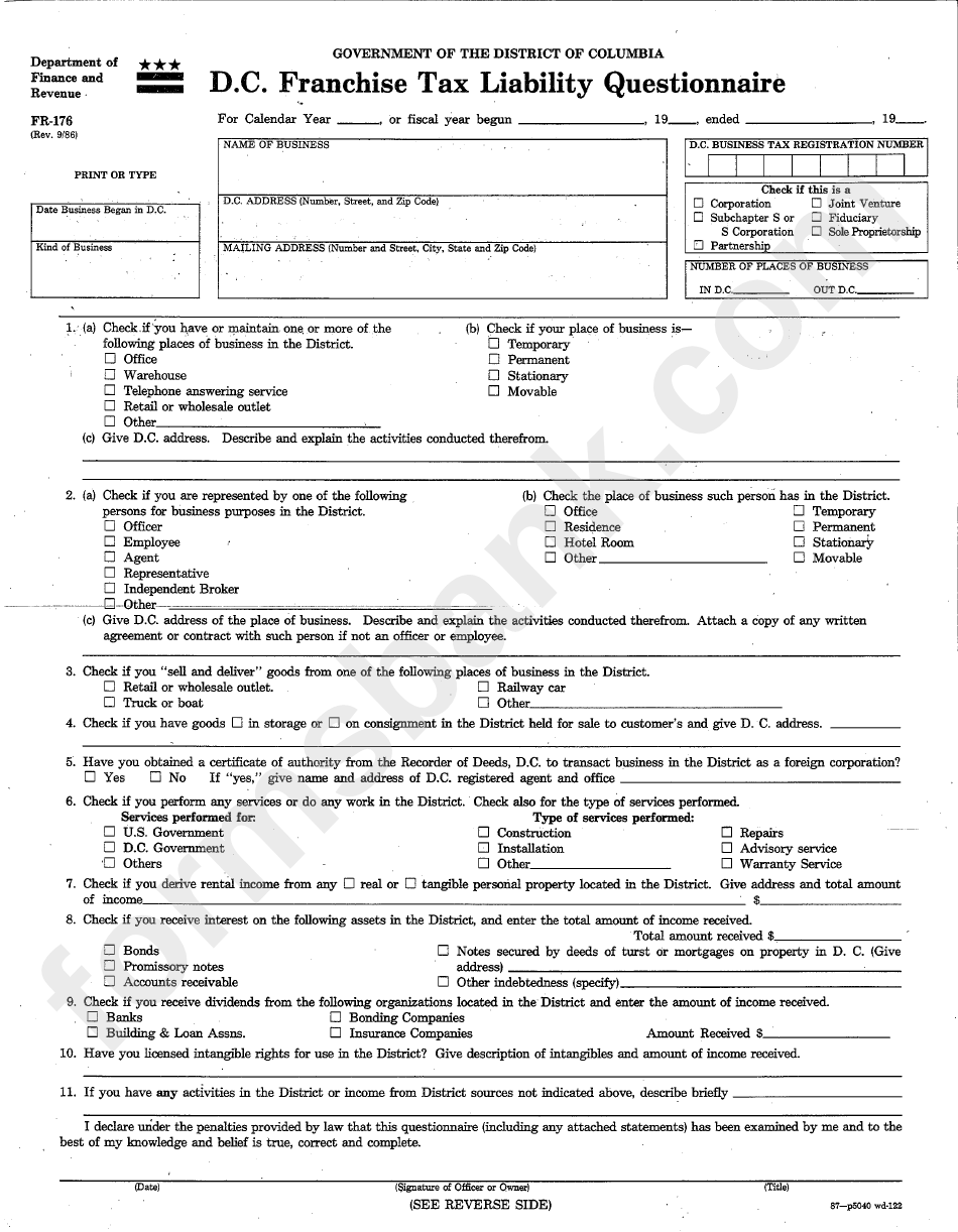 Form Fr-176 - D.c. Franchise Tax Liability Questionnaire