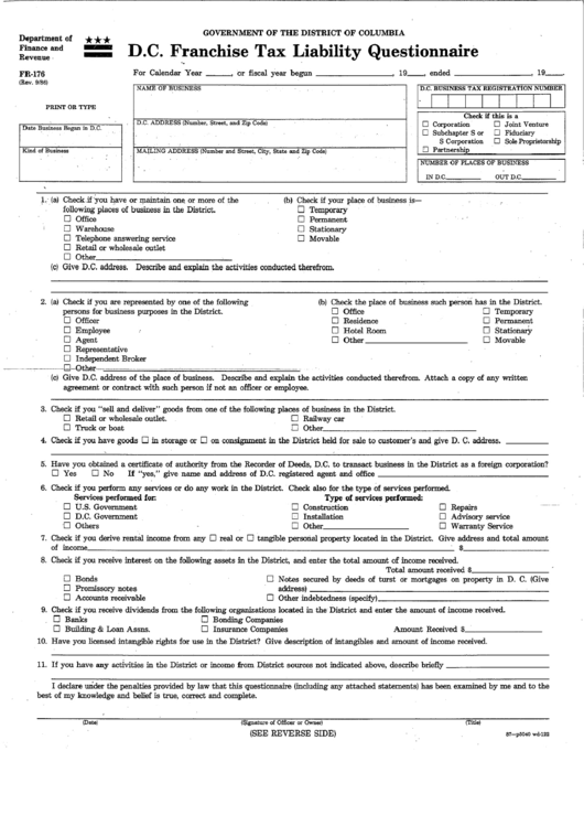 Form Fr-176 - D.c. Franchise Tax Liability Questionnaire Printable pdf