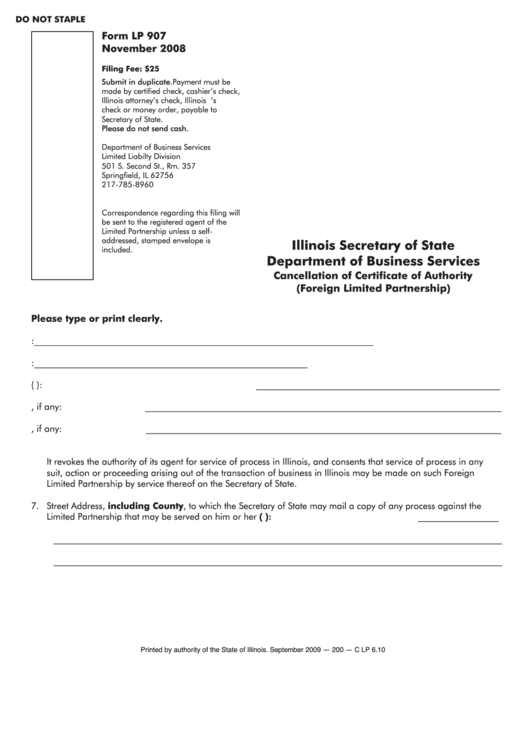 Fillable Form Lp 907 - Cancellation Of Certificate Of Authority (Foreign Limited Partnership) - Illinois Secretary Of State Printable pdf