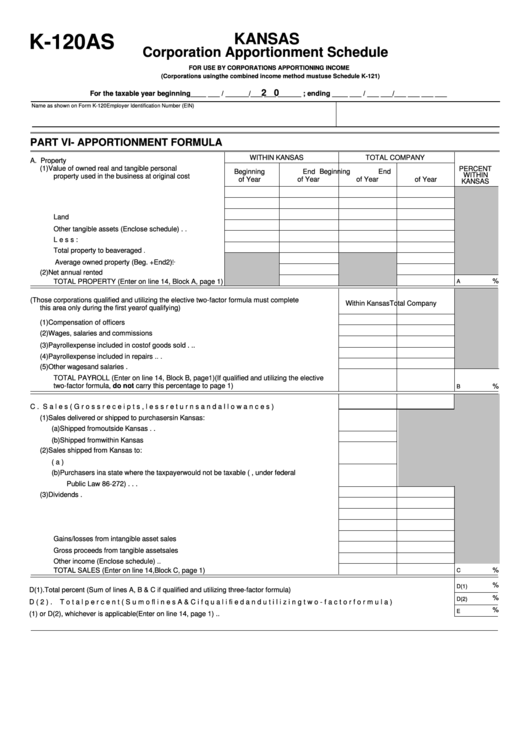 Fillable Form K-120as - Corporation Apportionment Schedule Printable pdf