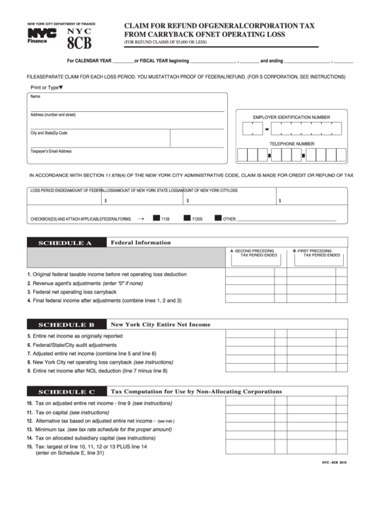 Form Nyc-8cb - Claim For Refund Of General Corporation Tax From Carryback Of Net Operating Loss - 2010 Printable pdf