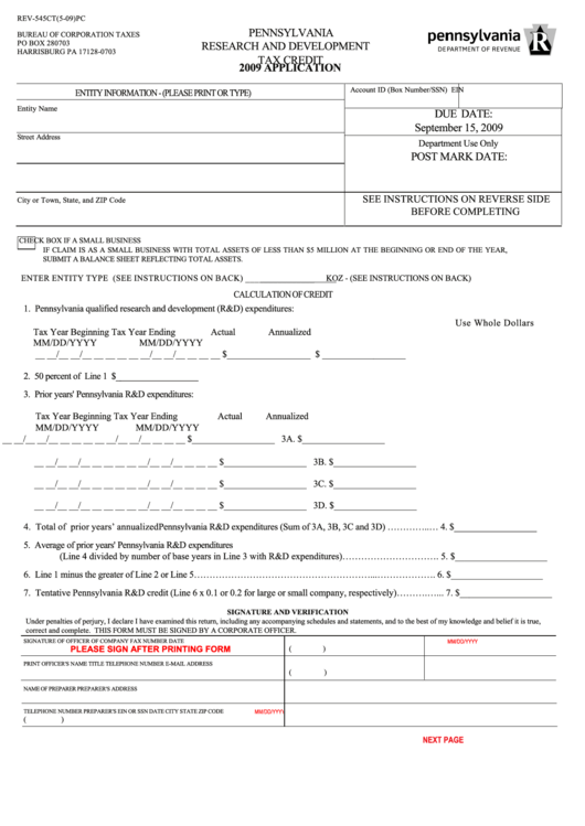 Fillable Form Rev-545ct Pc - Research And Development Tax Credit Application - 2009 Printable pdf