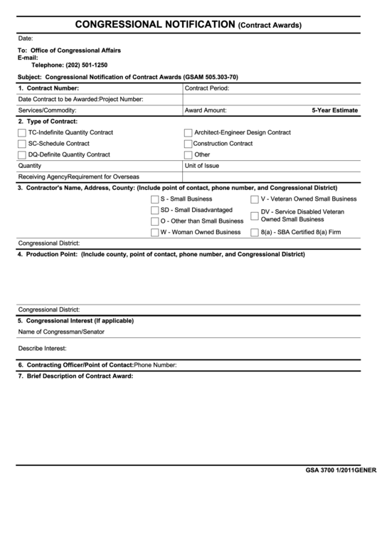 Fillable Form Gsa 3700 - Congressional Notification (Contract Awards) - 2011 Printable pdf