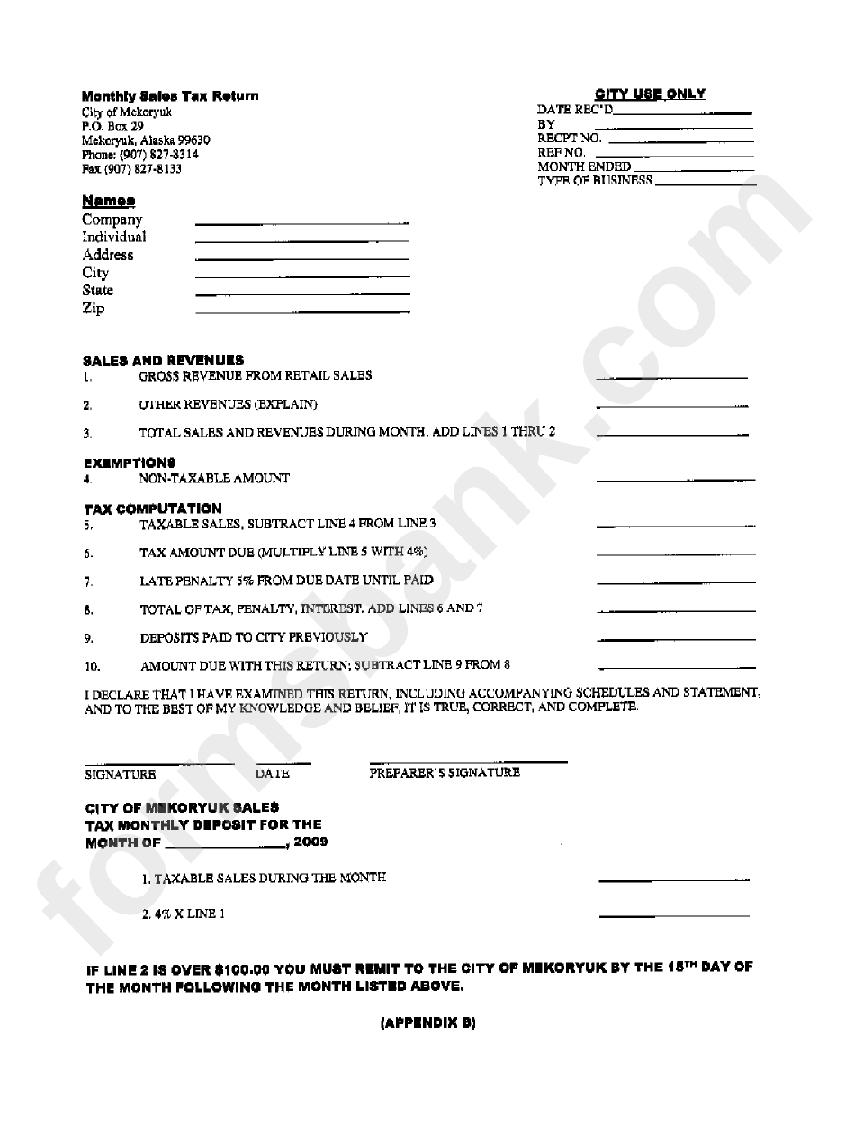 Monthly Sales Tax Return Form - City Of Mekoryuk