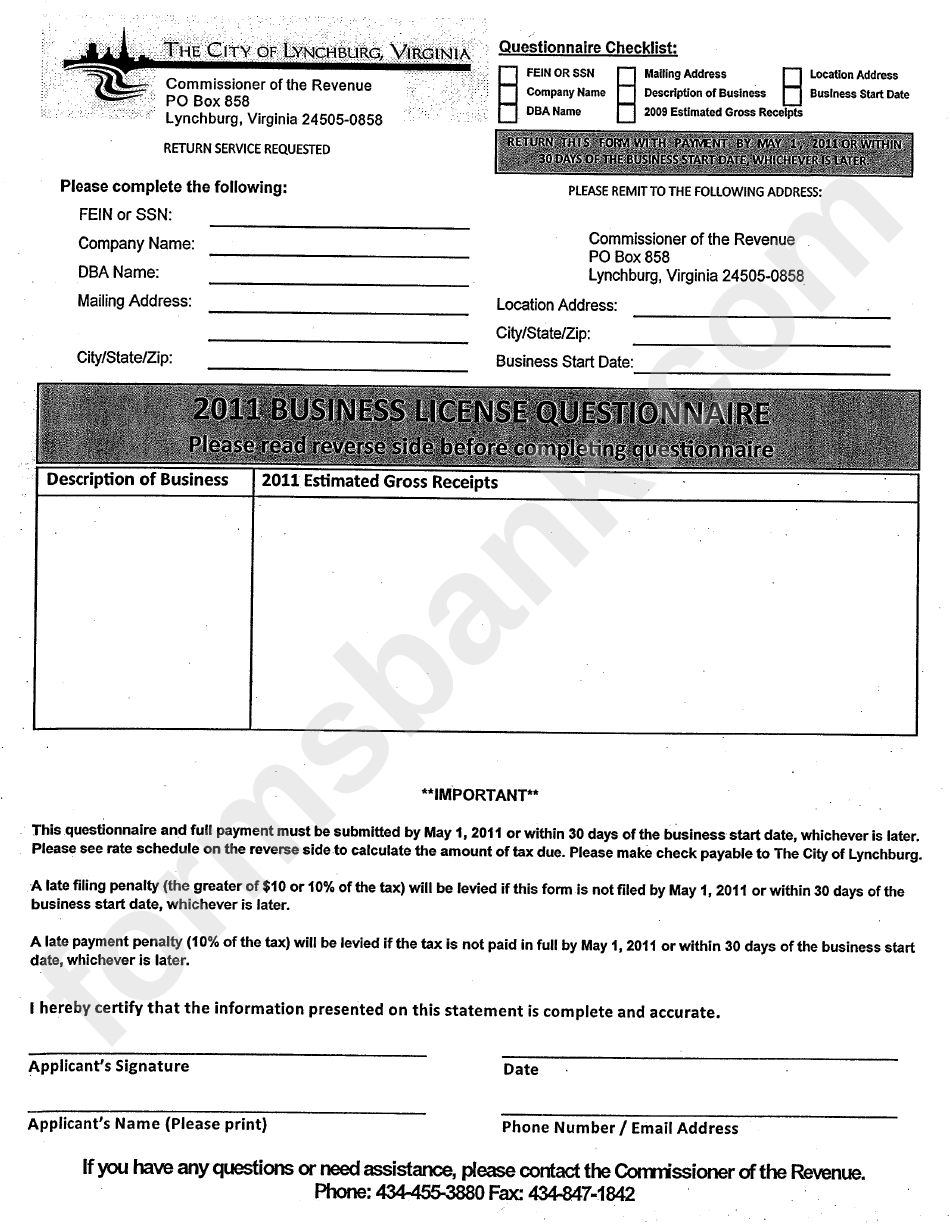 2011 Business License Questionnaire - The City Of Lynchburg