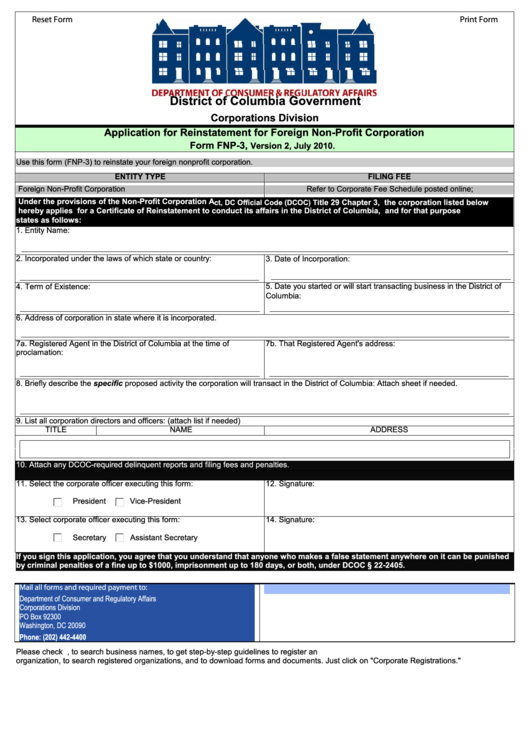 Fillable Form Fnp-3 - Application For Reinstatement For Foreign Non-Profit Corporation - 2010 Printable pdf