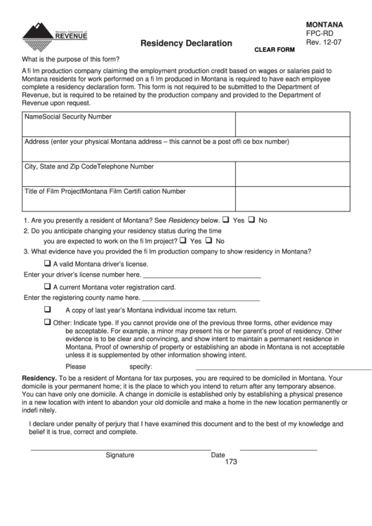Fillable Montana Form Fpc-Rd - Residency Declaration - 2007 Printable pdf