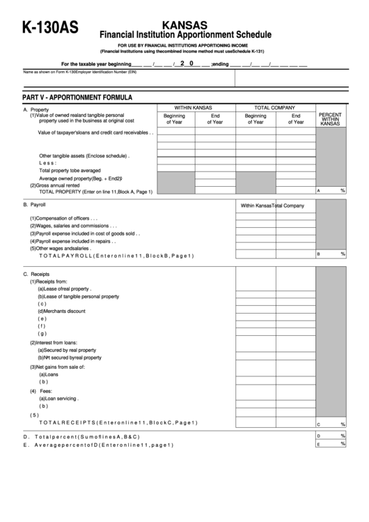 Form K-130as - Financial Institution Apportionment Schedule Printable pdf