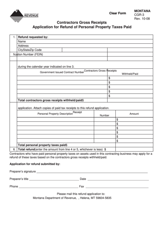 Fillable Form Cgr-3 - Contractors Gross Receipts Application For Refund Of Personal Property Taxes Paid Printable pdf