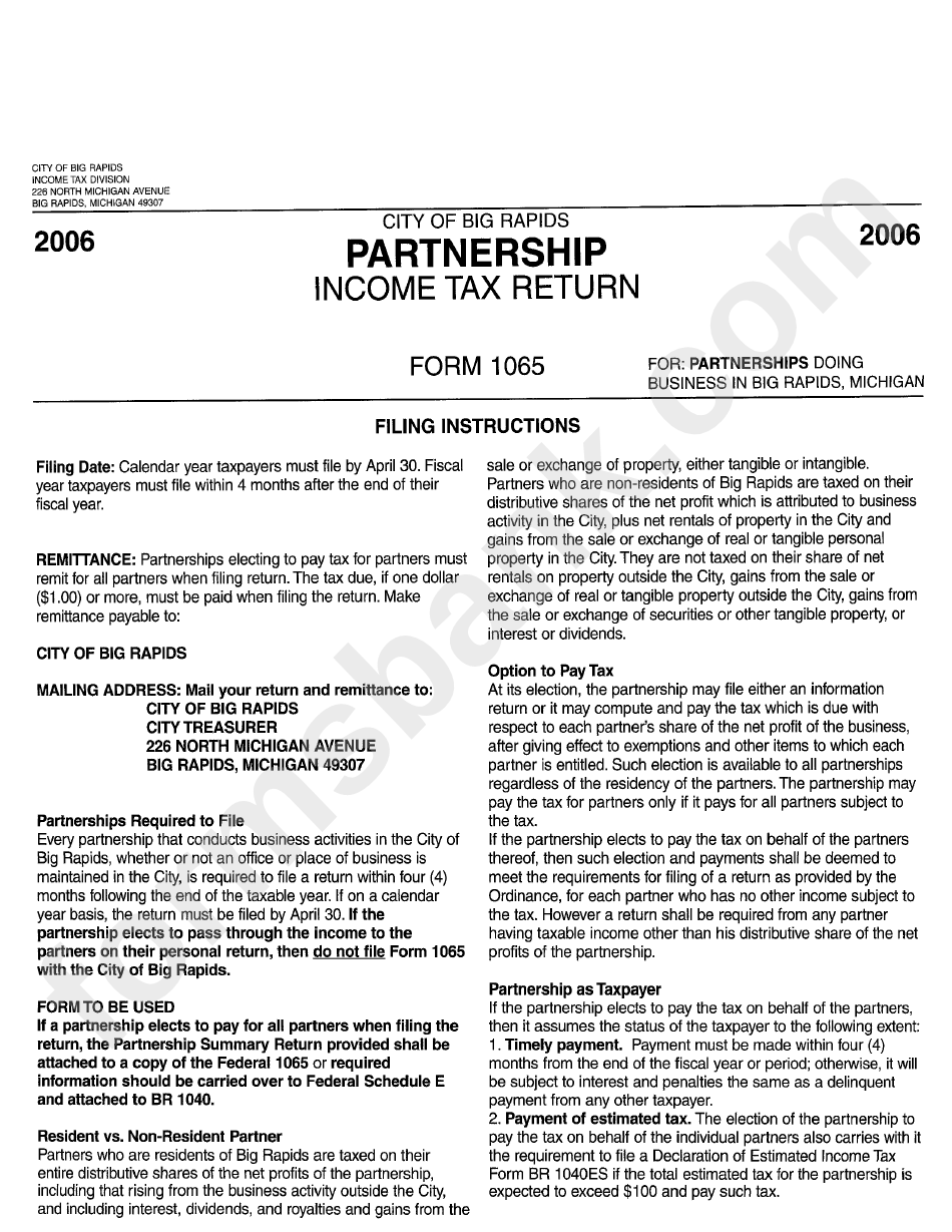 Form 1065 - Partnership Income Tax Return - 2006 - City Of Big Rapids