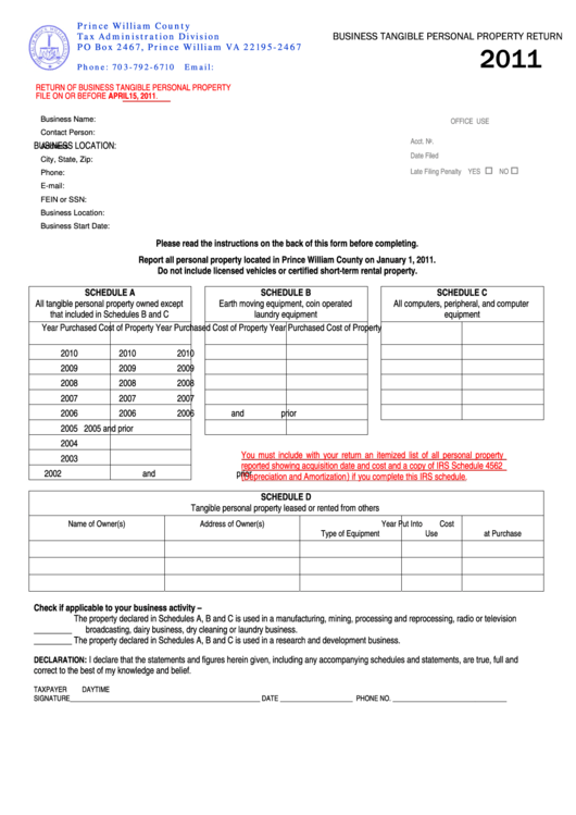 Business Tangible Property Return - Prince William County Tax Administration Division - 2011 Printable pdf