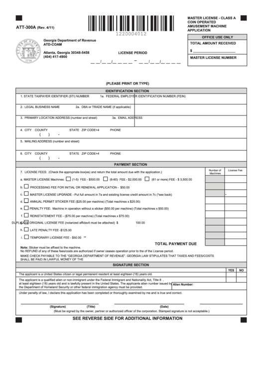 Fillable Form Att-300a - Coin-Operated Amusement Machine Registration Application - 2011 Printable pdf