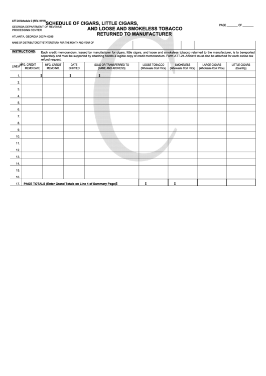 Fillable Att-24 Schedule C - Schedule Of Cigars, Little Cigars, And Loose And Smokeless Tobacco Returned To Manufacturer Form - 2011 Printable pdf