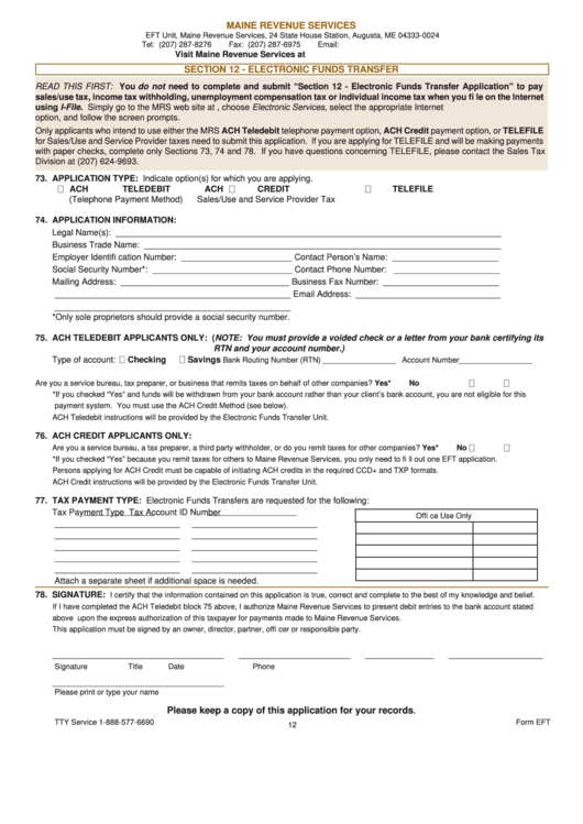 Fillable Form Eft - Section 12 - Electronic Funds Transfer Printable pdf
