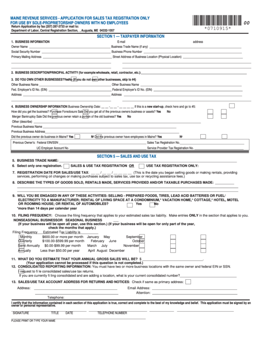 Sales Tax Registration For Sole-Proprietorship Owners With No Employees Form Printable pdf