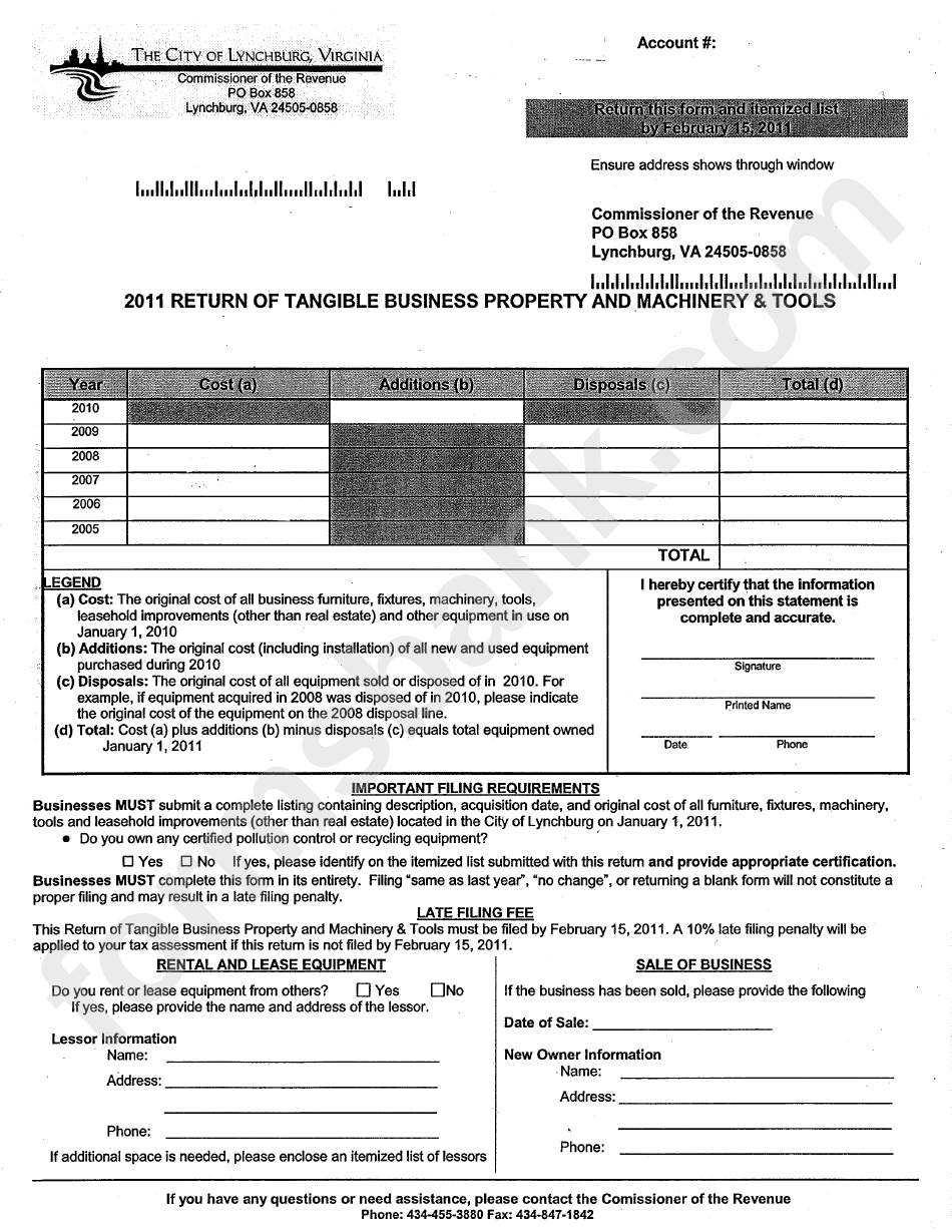 2011 Return Of Tangible Business Property And Machinery & Tools Form - City Of Lynchburg