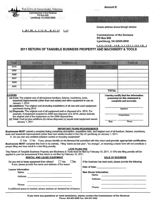 2011 Return Of Tangible Business Property And Machinery & Tools Form - City Of Lynchburg Printable pdf