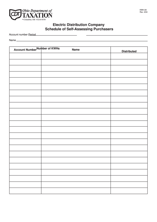 Form Kwh 2a - Electric Distribution Company Schedule Of Self-Assessing Purchasers Printable pdf