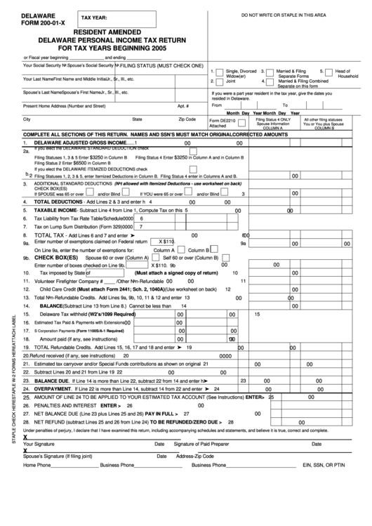 Form 200-01-X - Resident Amended Personal Income Tax Return - 2005 Printable pdf