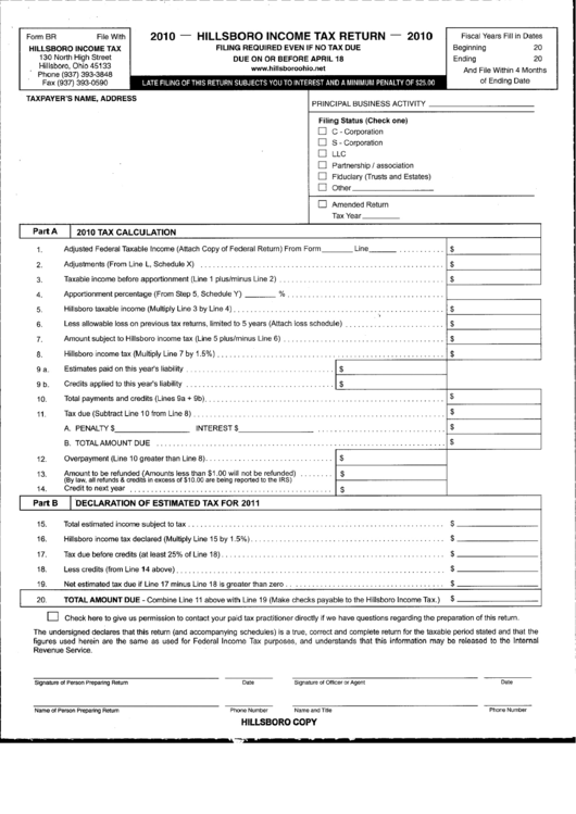 Form Br - Hillsboro Income Tax Return - 2010 Printable pdf