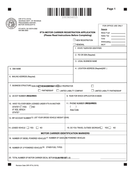 Form CrfIfta Ifta Motor Carrier Registration Application printable