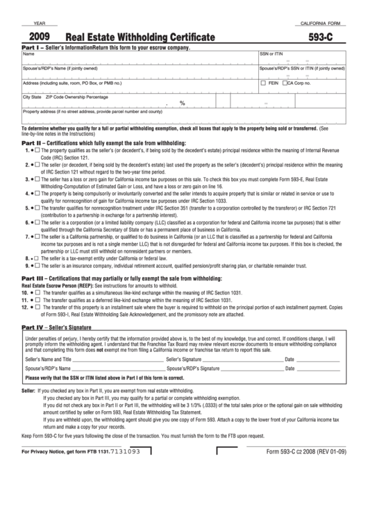 Fillable California Form 593-C - Real Estate Withholding Certificate - 2009 Printable pdf