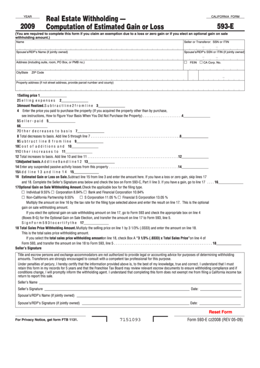 Fillable California Form 593-E - Real Estate Withholding - Computation Of Estimated Gain Or Loss - 2009 Printable pdf