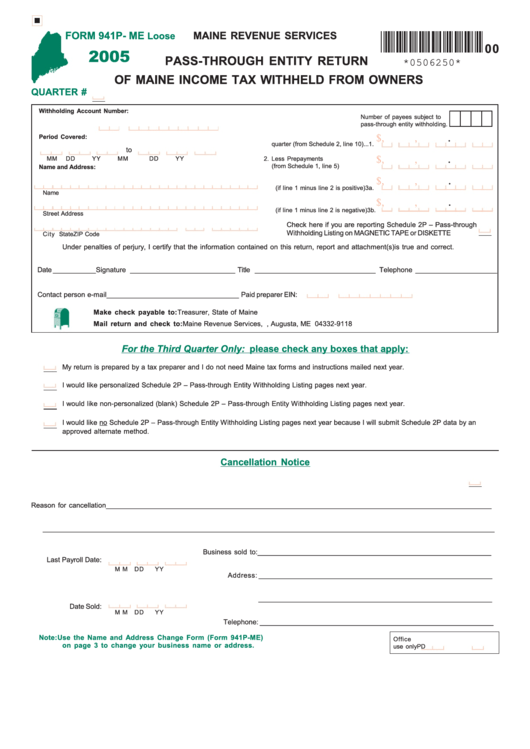 Form L941p-Me - Pass-Through Entity Return Of Income Tax Withheld From Owners Printable pdf