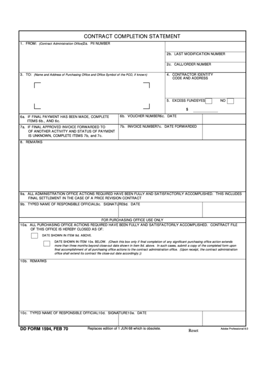 Fillable Dd Form 1594 - Contract Completion Statement Printable pdf