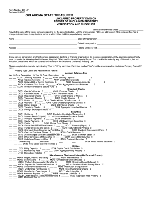 Form 496-Up - Report Of Unclaimed Property Verification And Checklist - 2010 Printable pdf