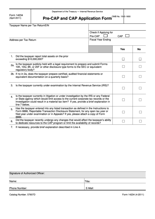 Fillable Form 14234 - Pre-Cap And Cap Application Form - 2011 Printable pdf