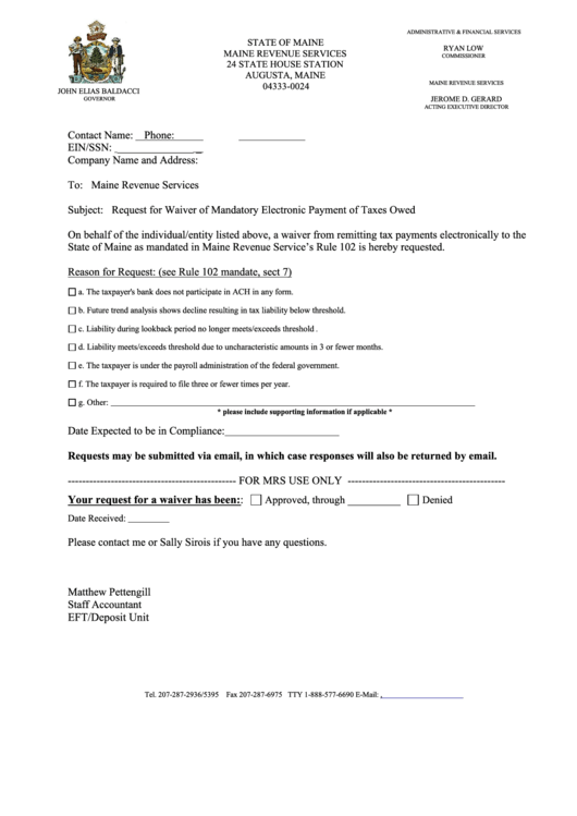 Request For Waiver Of Mandatory Electronic Payment Of Taxes Owed Form Printable pdf