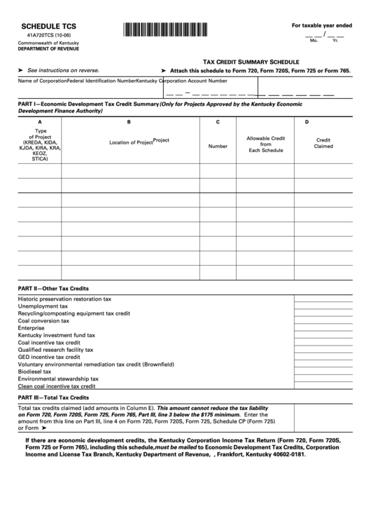 Tax Credit Summary Schedule Commonwealth Of Kentucky Department Of Revenue Printable pdf