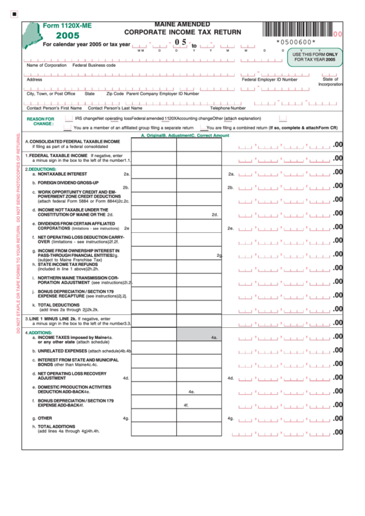 Form 1120x-Me - Maine Amended Corporate Income Tax Return - 2005 Printable pdf