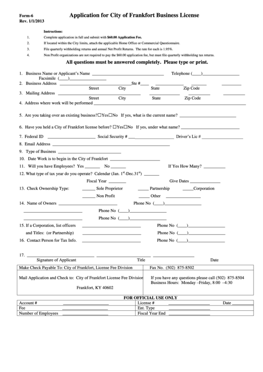 Form-6 - Application For City Of Frankfort Business License - State Of Kentucky Printable pdf