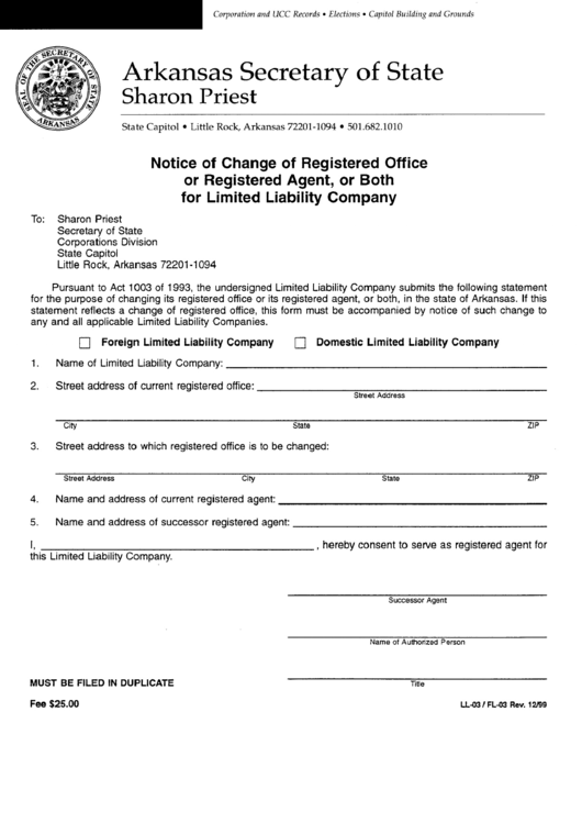 Form Ll-03/fl-03 - Notice Of Change Of Registered Office Of Registered Agent, Or Both For Limited Liability Company - State Of Arkansas Printable pdf